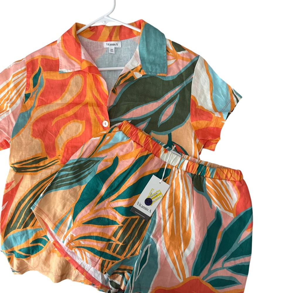 Vitamin A Shorts Set Women XS Multicolor NEW Tropical Linen Blend 2 Piece Set - Picture 3 of 16